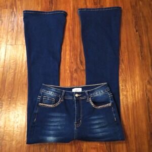 Bamboo Juniors 11 Flared Dark Wash Jeans Embellished Button Metallic Stitch